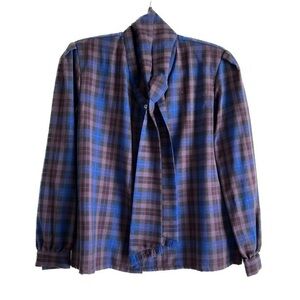 Pendleton Vintage Virgin Wool Blue Purple Plaid Top w/ Shoulder Pads and Scarf